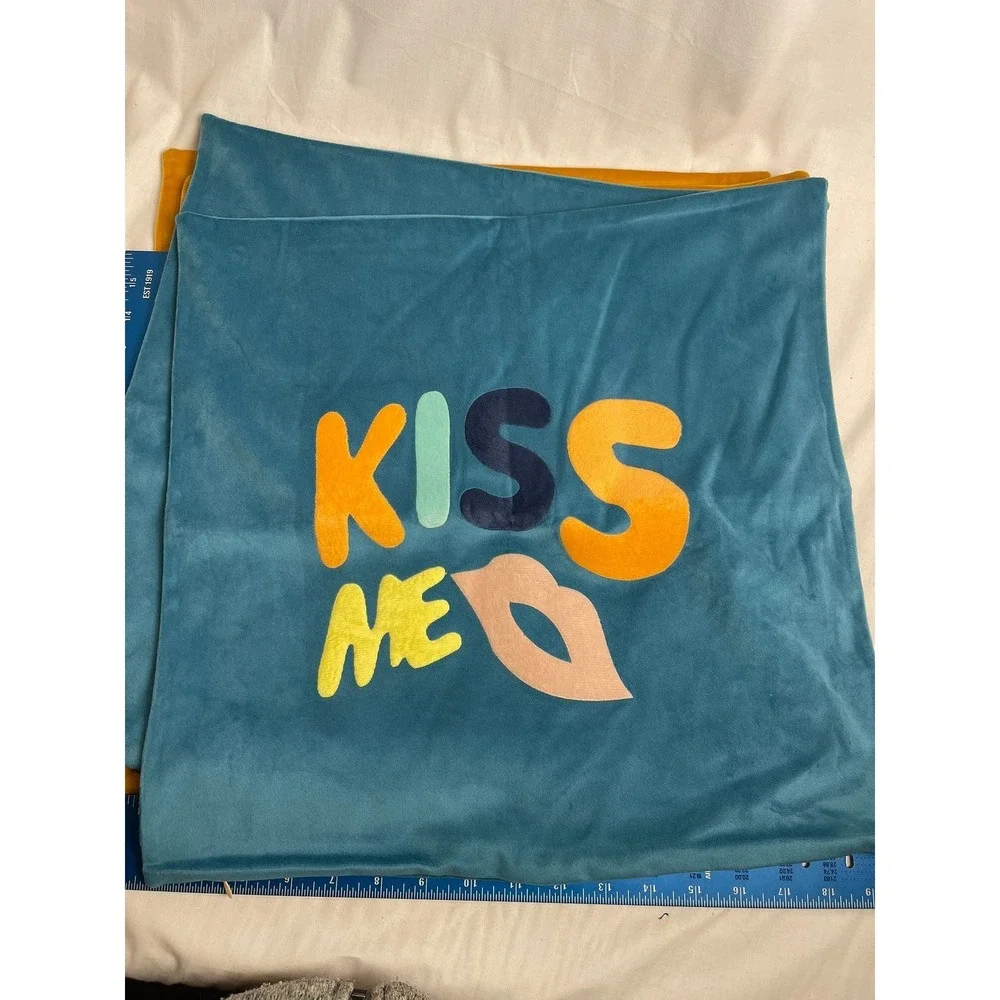 Set of 4 Kiss Me Velvet Throw Pillow Covers Teal Blue Mustard Yellow 17x17 Retro